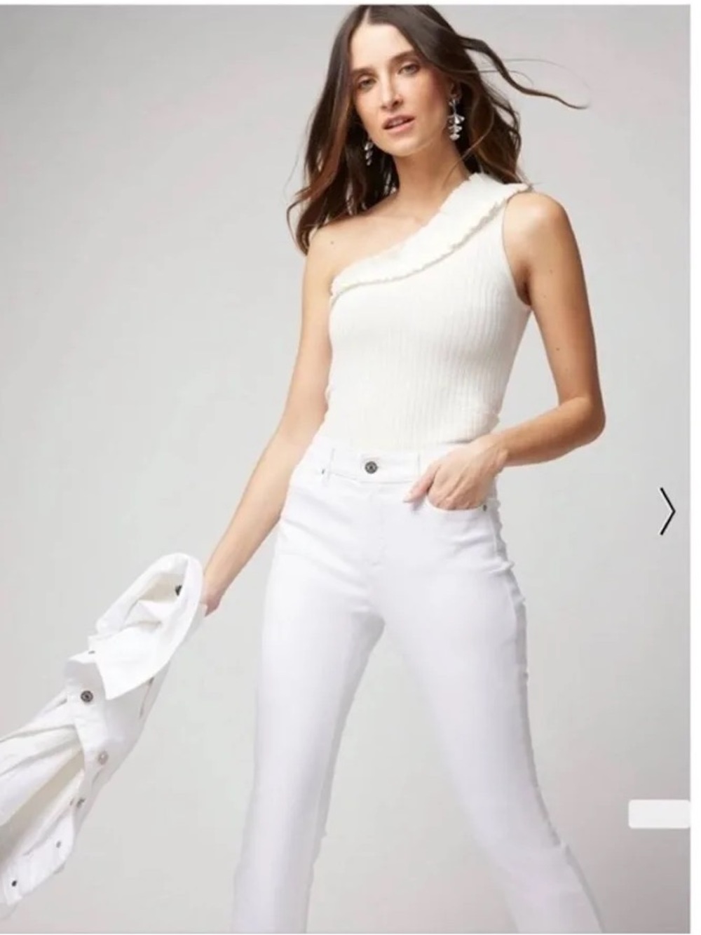 White House Black Market NWT One-Shoulder Ruffle Ribbed Tank in Ivory - Picture 11 of 11
